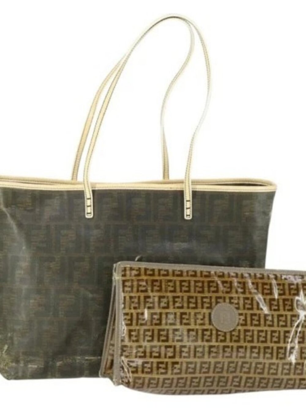 FENDI Zucca Canvas Zucchino Canvas Hand Bag PVC 2 Set Black Brown Auth bs32597